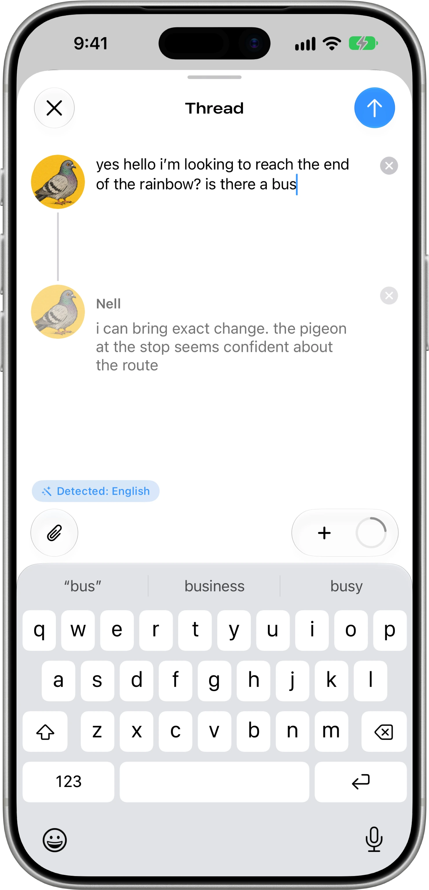 Catbird’s iPhone composer with a two-post thread draft, the add-to-thread control, and the keyboard.
