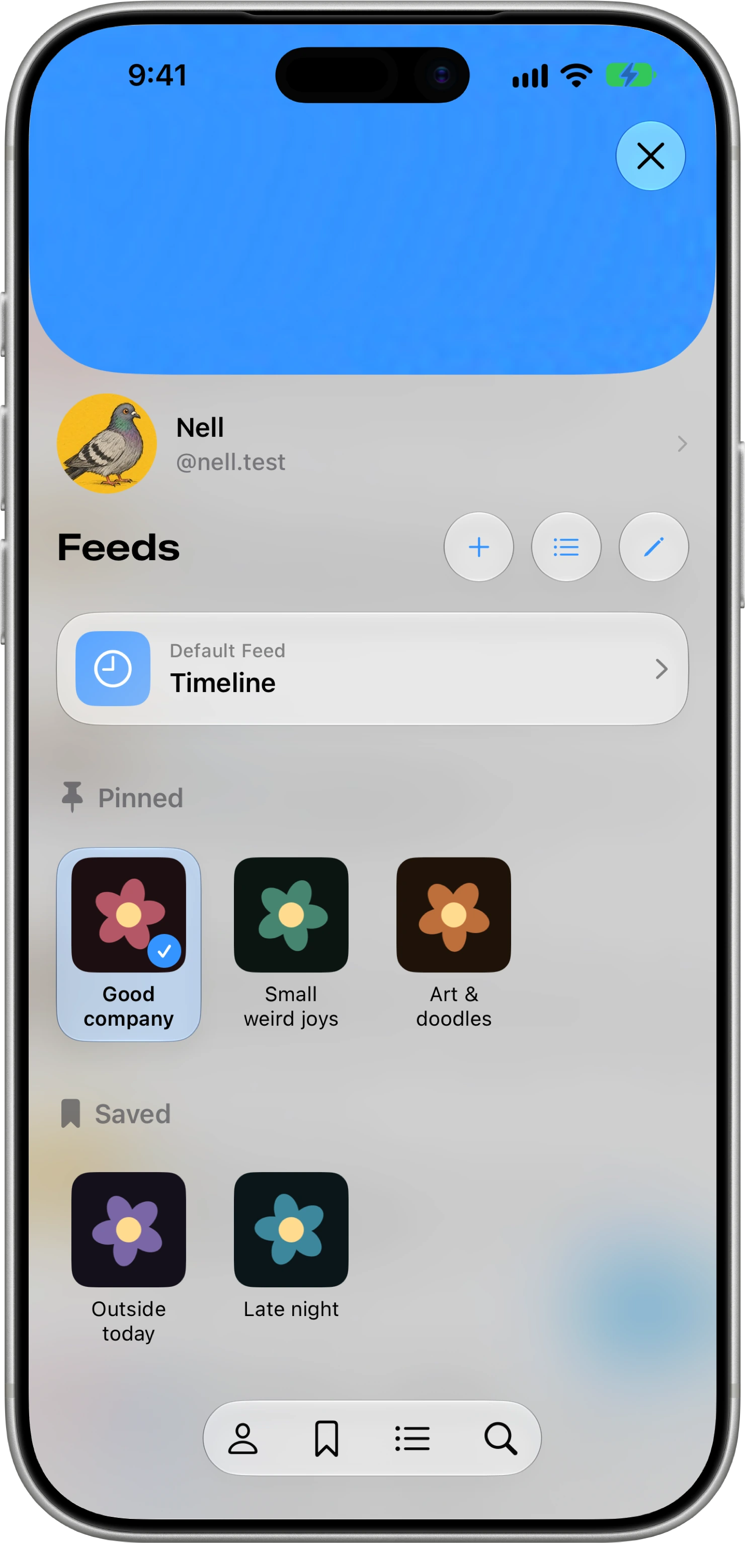 Catbird on iPhone with the feed picker open, showing the default timeline and pinned and saved feeds.
