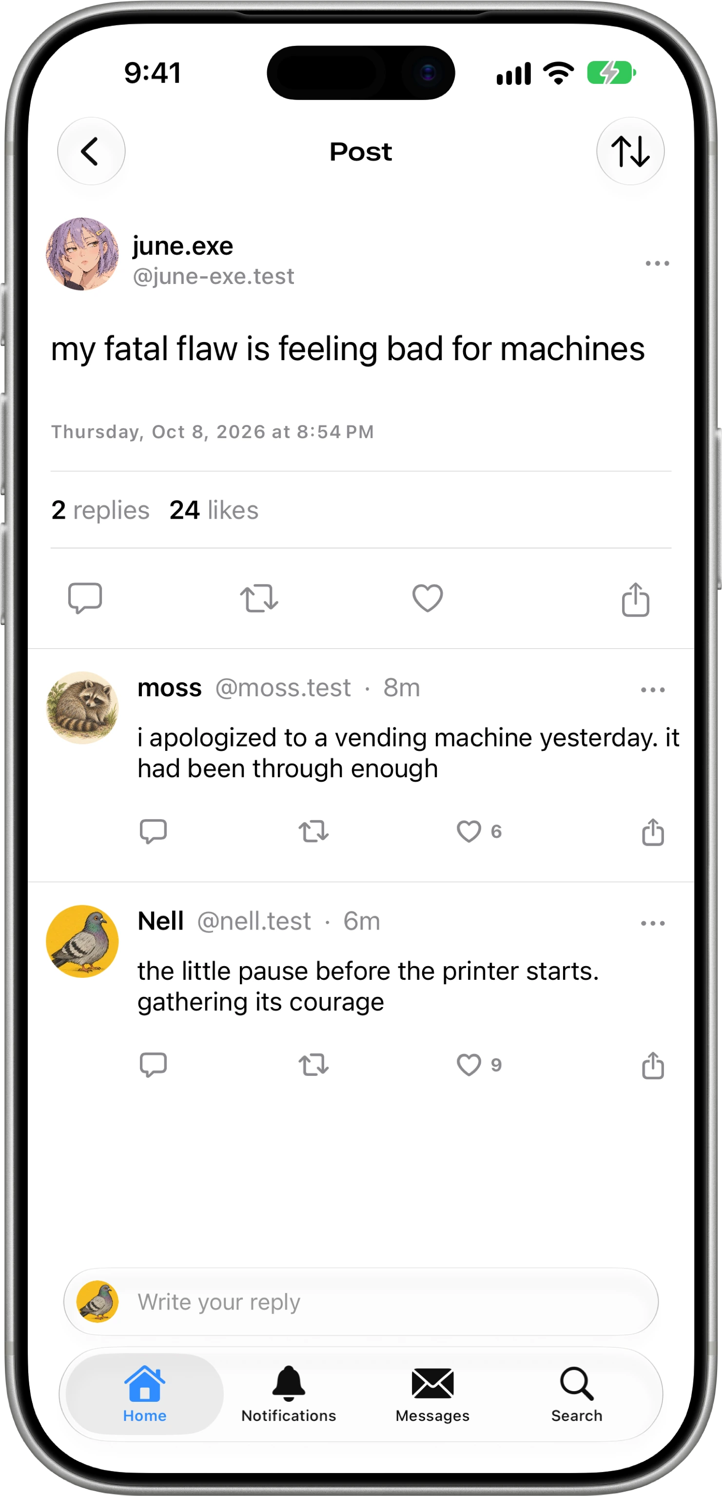Catbird on iPhone showing a post with two replies and a reply field beneath the conversation.